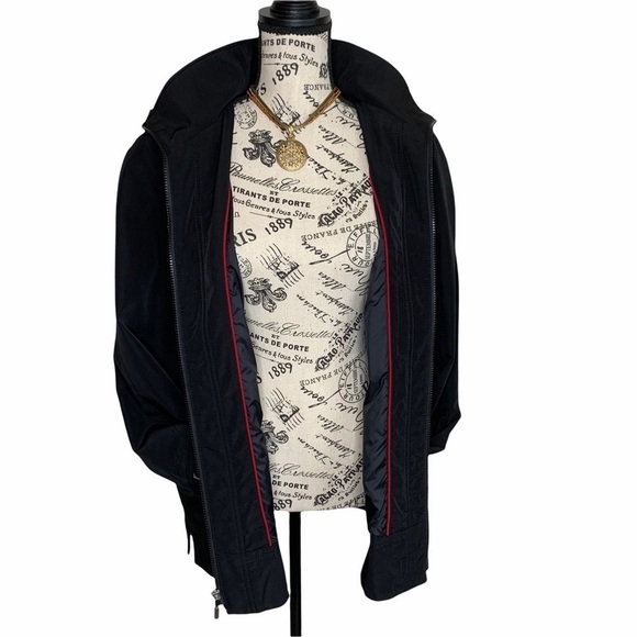 Gallery Hooded Trench Coat Size LP Black Long Zip Rain Resistant Detachable Hood - Picture 4 of 13